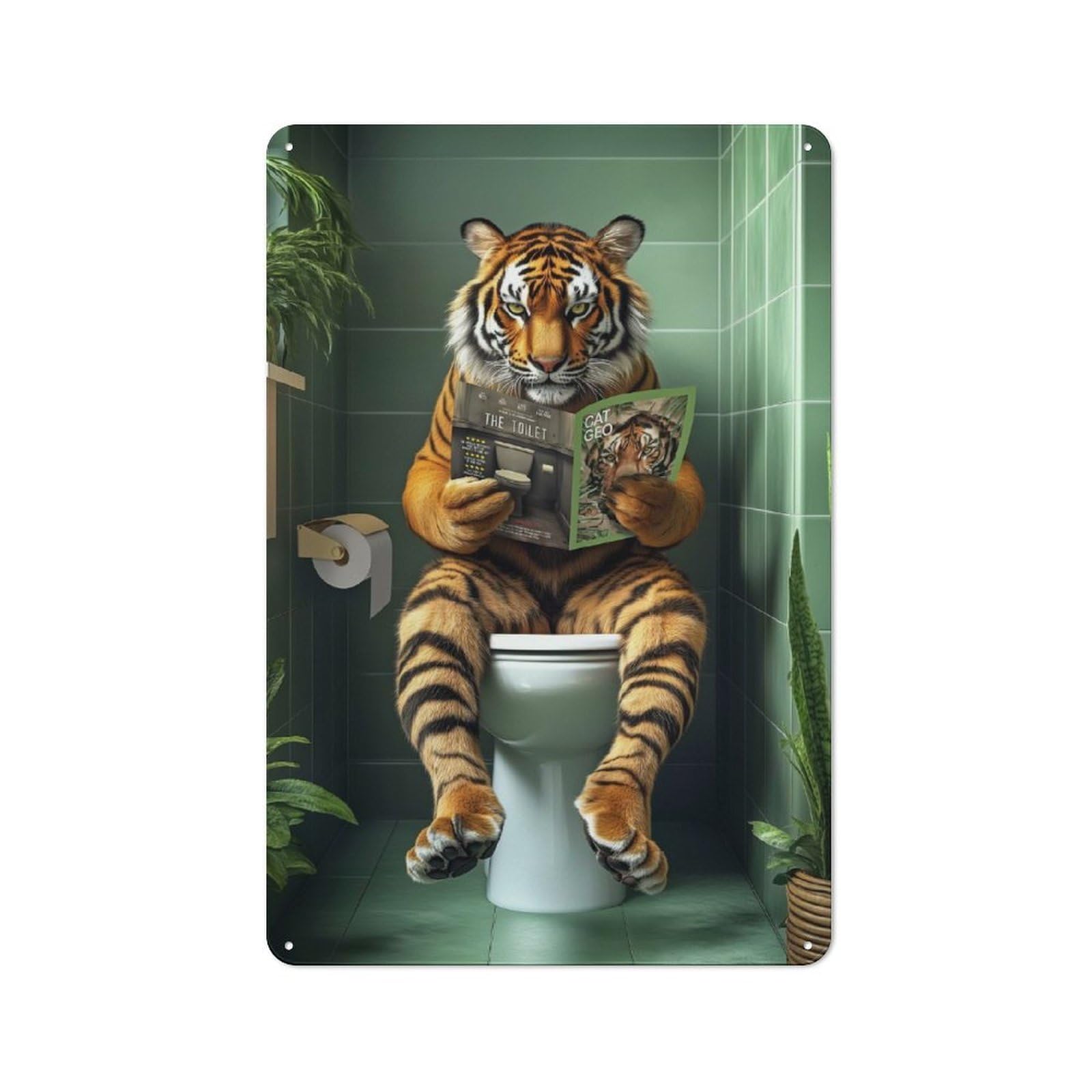 Junmoney Style-7 Tiger Reading Magazine In Bathroom Printed Metal Sign 30X20cm For Pub Or Café, With Clear Industrial Wall Decor Character