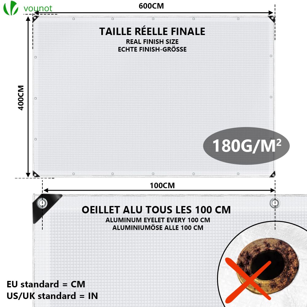 VOUNOT® Afdekzeil, van polyethyleen, 180 g/m², waterdicht, extra zwaar en robuust, aan beide zijden gecoat, met aluminium ogen, waterdichte afdekking voor tuin en zwembad, grijs, 4 x 6 m