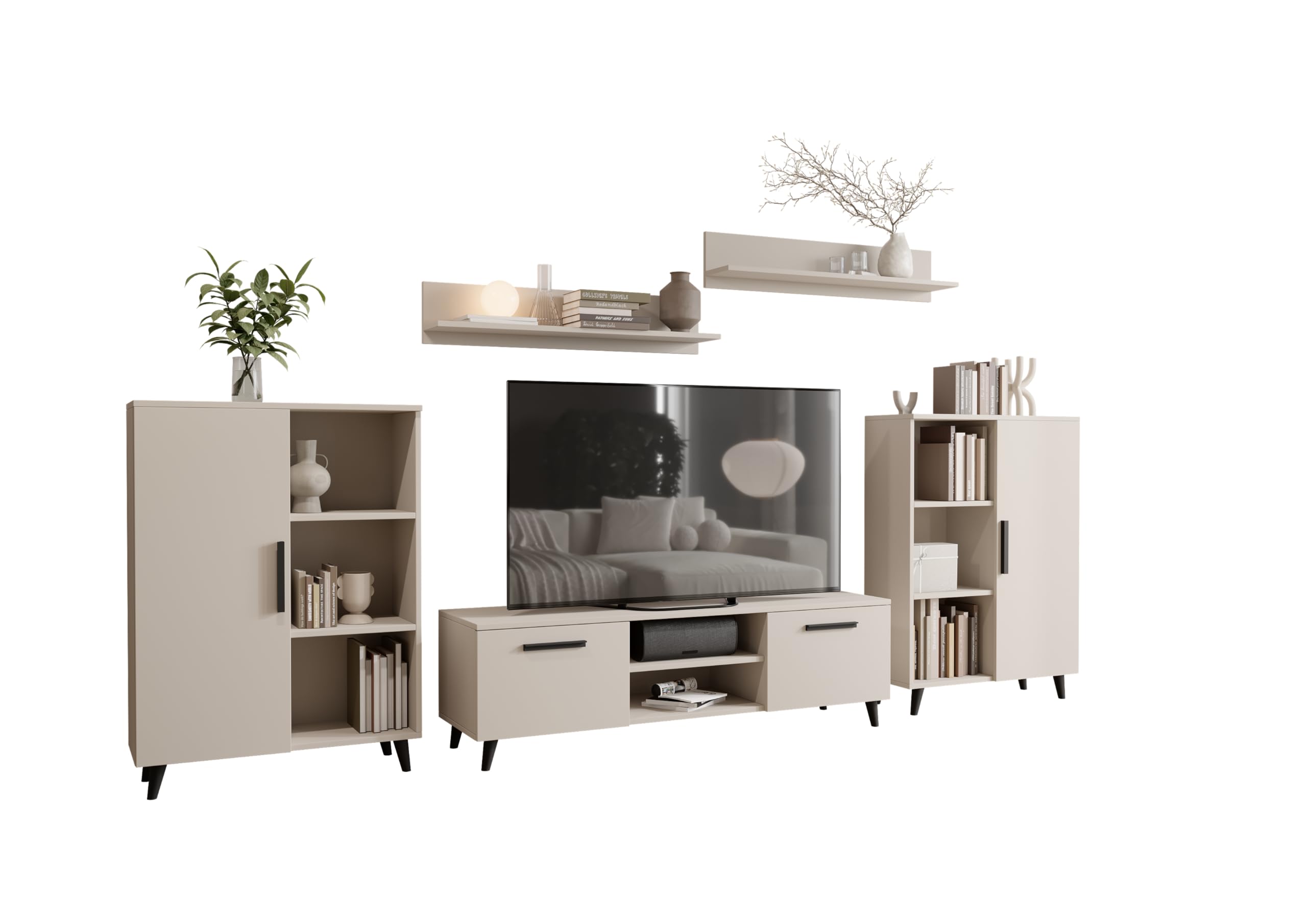 MATKAM Wohnzimmermöbel-Set Oslo 2, 4-teilig, 1 x TV-Kommode H47x B150 x T40 cm, 2 x Wohnzimmerkommode H112 x B80 x T30cm, 2 x Hängeregale H20 x B100 x T20 cm (Kaschmir)