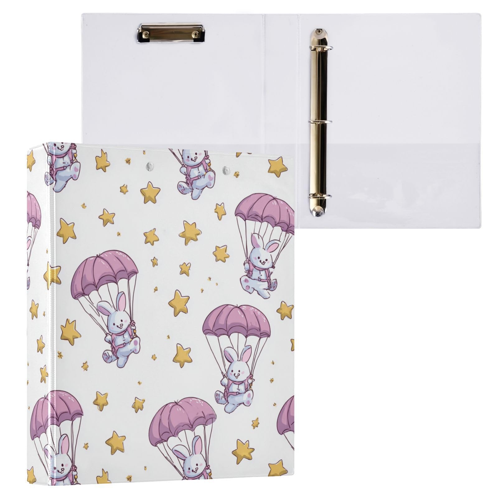 Kcldeci Raccoglitore a 3 anelli con copertina rigida, motivo: coniglietto con paracadute e stelle, 3,8 cm, 200 fogli, per ufficio, casa, rientro a scuola, confezione da 2