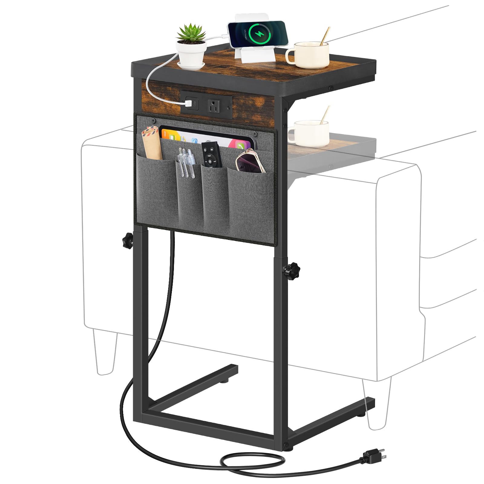 HOOBRO C-Shaped Side Table with Charging Station, 29.5” Sofa End Table Adjustable Height, Small Slide Under Couch Table for Sofa Arm Tray, for Living