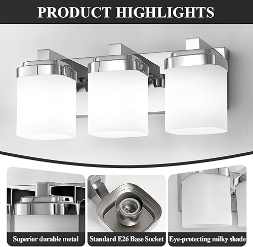 Miniatura 3 de 3 luces de tocador, accesorios de baño cromados E26 con pantalla de vidrio cuadrado blanco lechoso, apliques de pared modernos sobre espejo,