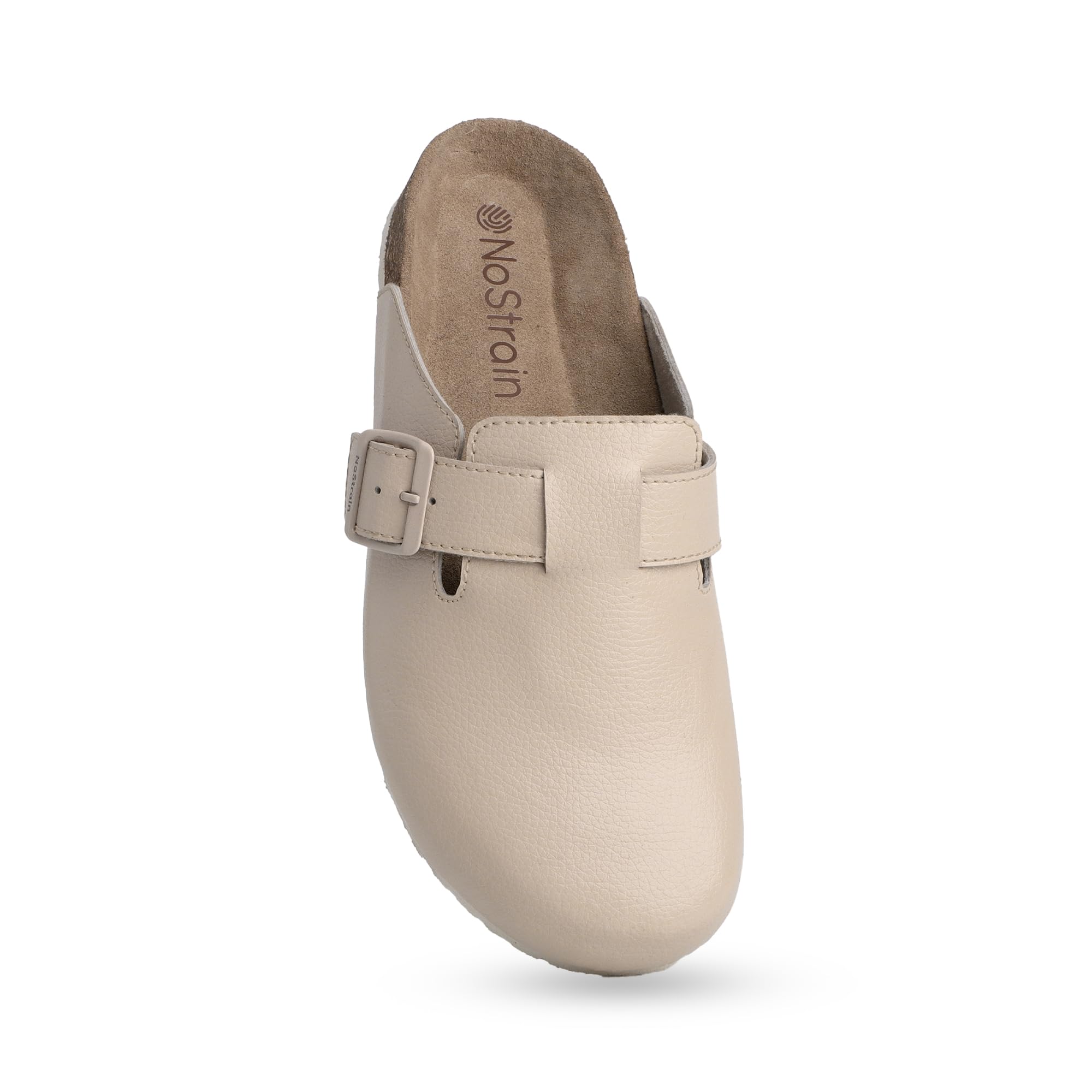 nostrain Women’s Mule Cork Sandals with Adjustable Buckle for Everyday Comfort. They Feature a Matte Synthetic Leather Upper, a Suede Insole, and an EVA Outsole.-picture-1