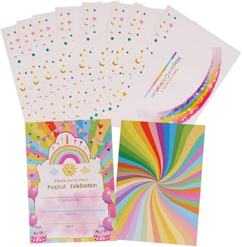 Tarjetas de invitación para fiesta de cumpleaños, paquete de 12 tarjetas de invitación de cumpleaños coloridas de arco iris, letras de invitación