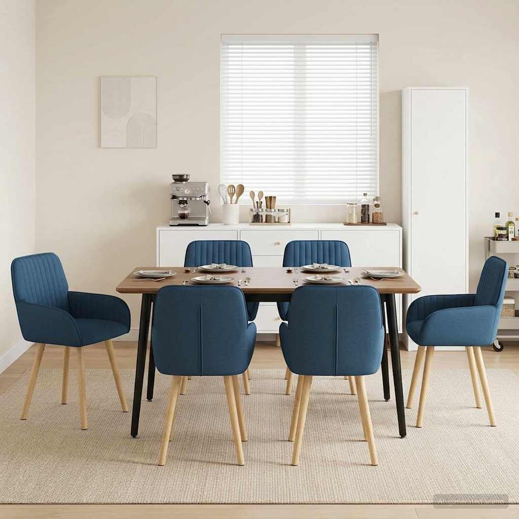 Chaises de Salle à Manger 6 pièces en Tissu Bleu avec Cadre en métal et Pieds en Bois Massif d hévéa, Confort Ergonomique, Design scandinave Industriel pour Salon ou Restaurant