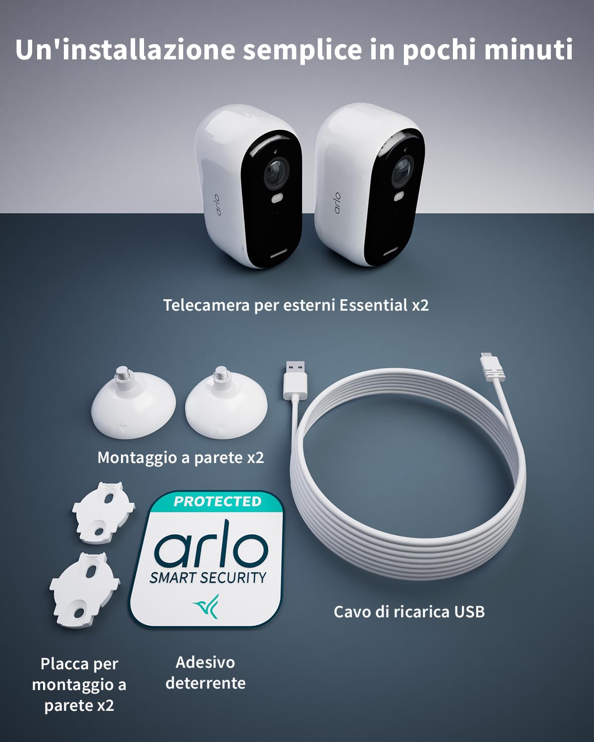Arlo Essential HD Telecamera WiFi Esterno Senza Fili, Telecamera WiFi Interno, Sirena Allarme Casa, Sensore Di Movimento, Visione Notturna A Colori, Prova Inclusa Arlo Secure, 2 Telecamere, Bianche