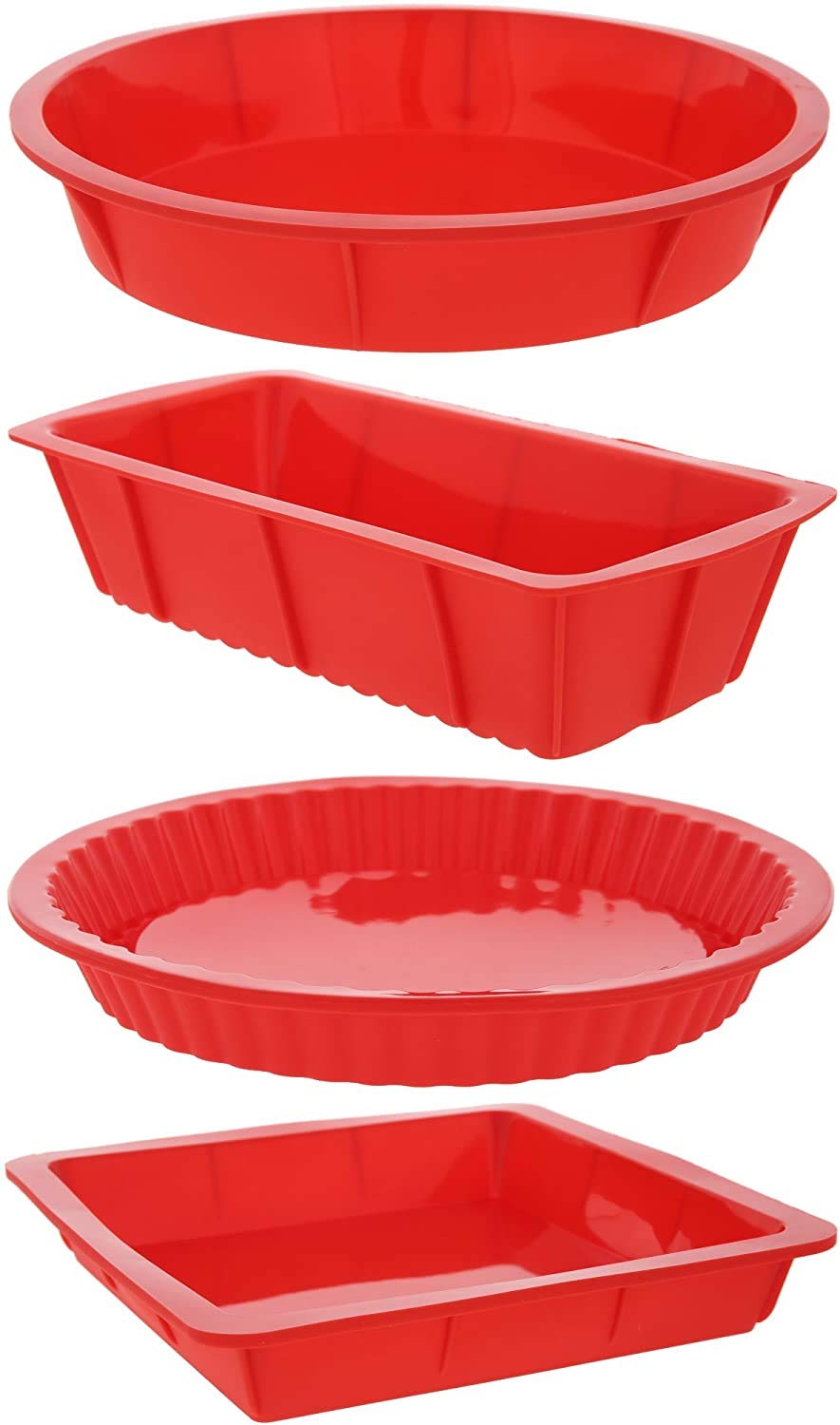 HelpCuisine® Bakeware Set - Baking Molds - 4 Nonstick Silicone Bakeware Set with Round, Square, and Rectangular Pans for Pies, Cakes, Loaf, and More - Red - Sizes: 11", 10", 9", and 8".