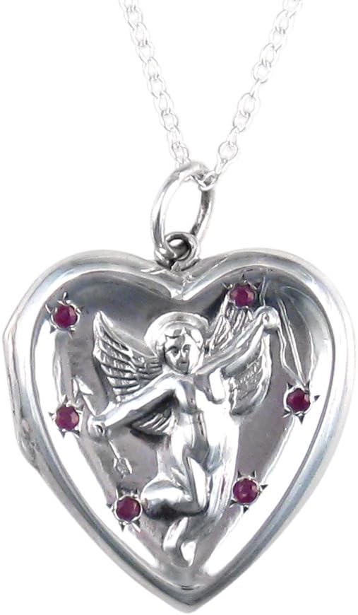 Large Sterling Silver and Ruby Cupid Locket Necklace, 18"
