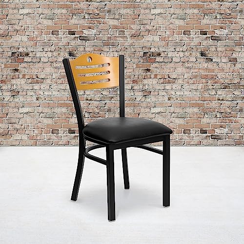 Image of Flash Furniture 2 Pack HERCULES Series Black Slat Back Metal Restaurant Chair - Natural Wood Back, Black Vinyl Seat