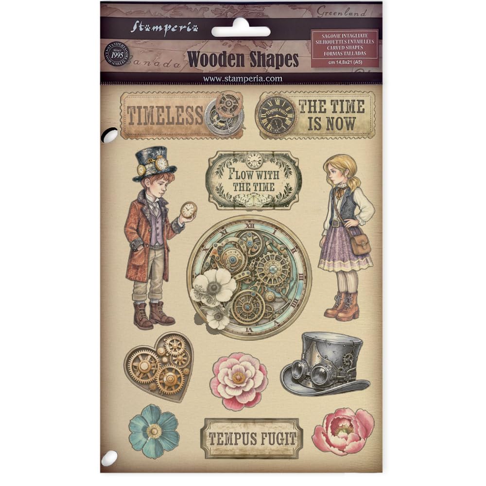 Stamperia - Coloured Wooden Shapes for Scrapbooks, Albums, Cards, Bullet Journals and More, Laser Cut, Printed for Enhanced Detail, Perfect for Hobbies, Crafts and Gifting (Gardens of Time) (A5)