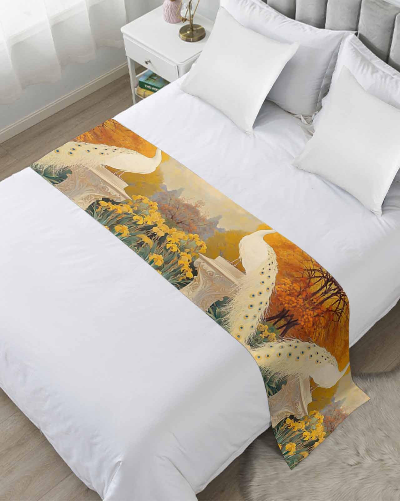 White Peacock Elegant Bed Runner for Full/Queen Size, Vintage Garden Floral Botanical Bedspread Protector Slipcover Bed Scarf for Foot Runners & Scarves for Bedroom Hotel Wedding Room 83x20 Inches