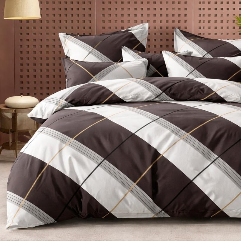Image of DECOR2ADMIRE 300 TC Super King Size Glace Cotton Printed Bedsheet with 2 Pillow Covers - 108 inch x 108 inch (275cm x 275cm) - Available in Multiple Elegant Designs (Grey Check Print)