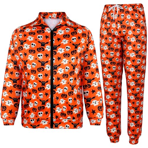 Image of Arssm Men Halloween Outfits Sets Pumpkin Tracksuit Jacket and Jogger Sweatpants Cosplay Party Daily Wearing(YellowPumpkin-M)