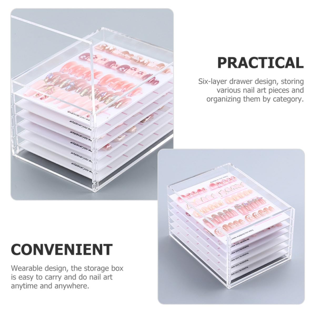 PartyKindom Caja Organizadora de Manicura, Contenedor de Accesorios para Uñas, Acrílico Transparente, 6 Niveles Cajones, para Uñas Postizas y Piezas de Nail Art, Uso Doméstico y Salón