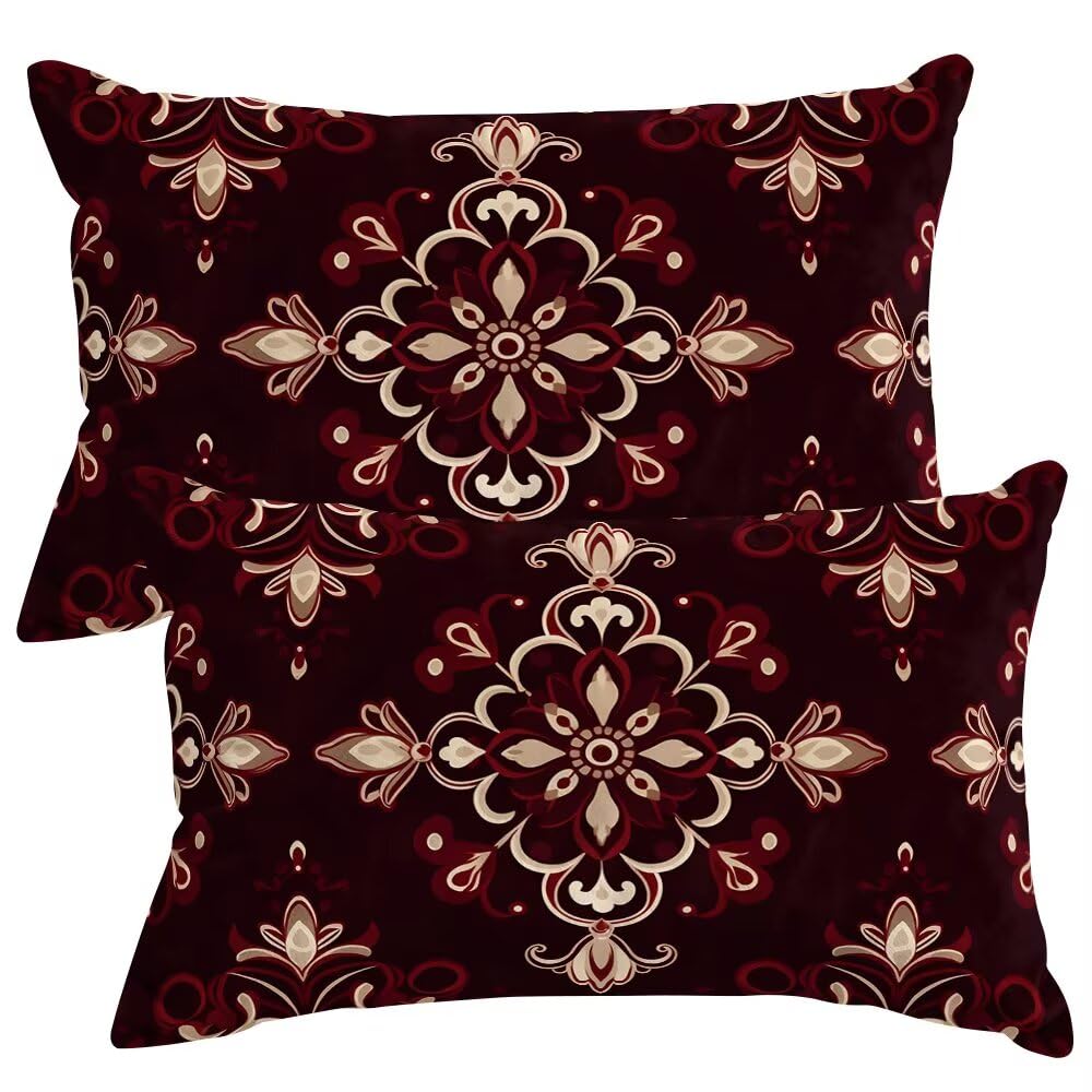 Set of 2 Velvet Cushion Covers 40x60 cm Burgundy Cushions Covers Decorative Throw Pillow Case Christmas Sofa Pillows 16x24 Inch Cushion Cover with Invisible Zipper for Livingroom Couch Bedroom -SC415