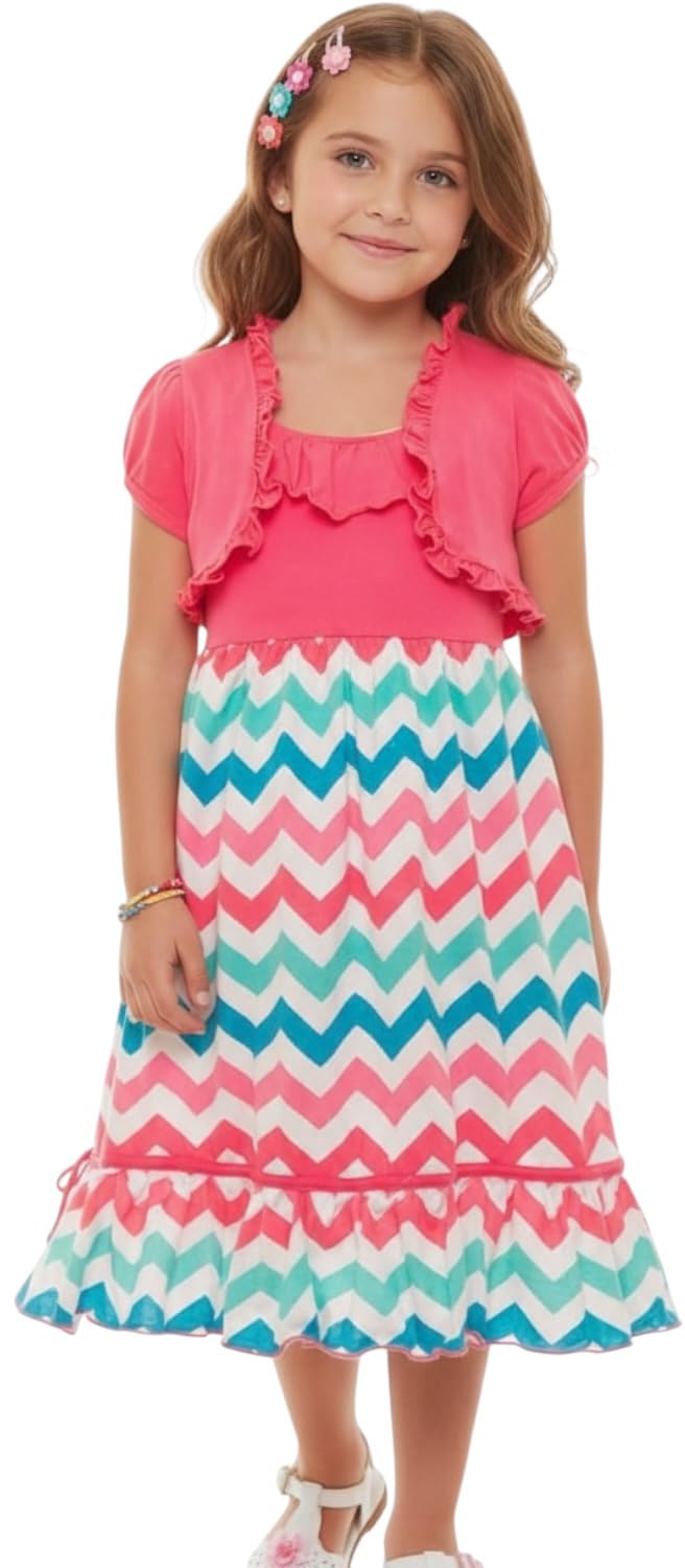 ToBeInStyle Girls Two Piece Short Sleeve Dress and Matching Bolero Crop Cardigan Assorted Prints Cotton Blend Summer Outfit