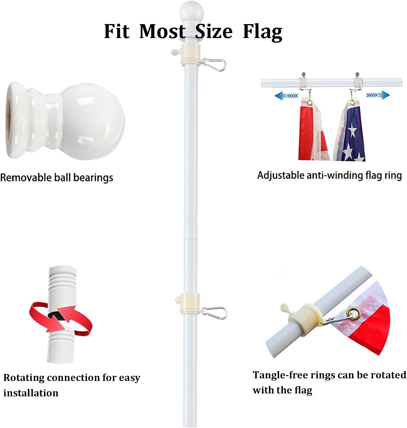 White Flag Pole for Outside House, 6 FT Heavy Duty Steel Outdoor Flagpole Kit with Tangle Free Flag Pole Rings for House Suitable for 2x3, 3x5, 4x6 American Flag Use for Yard Garden,Truck,Boat,Car