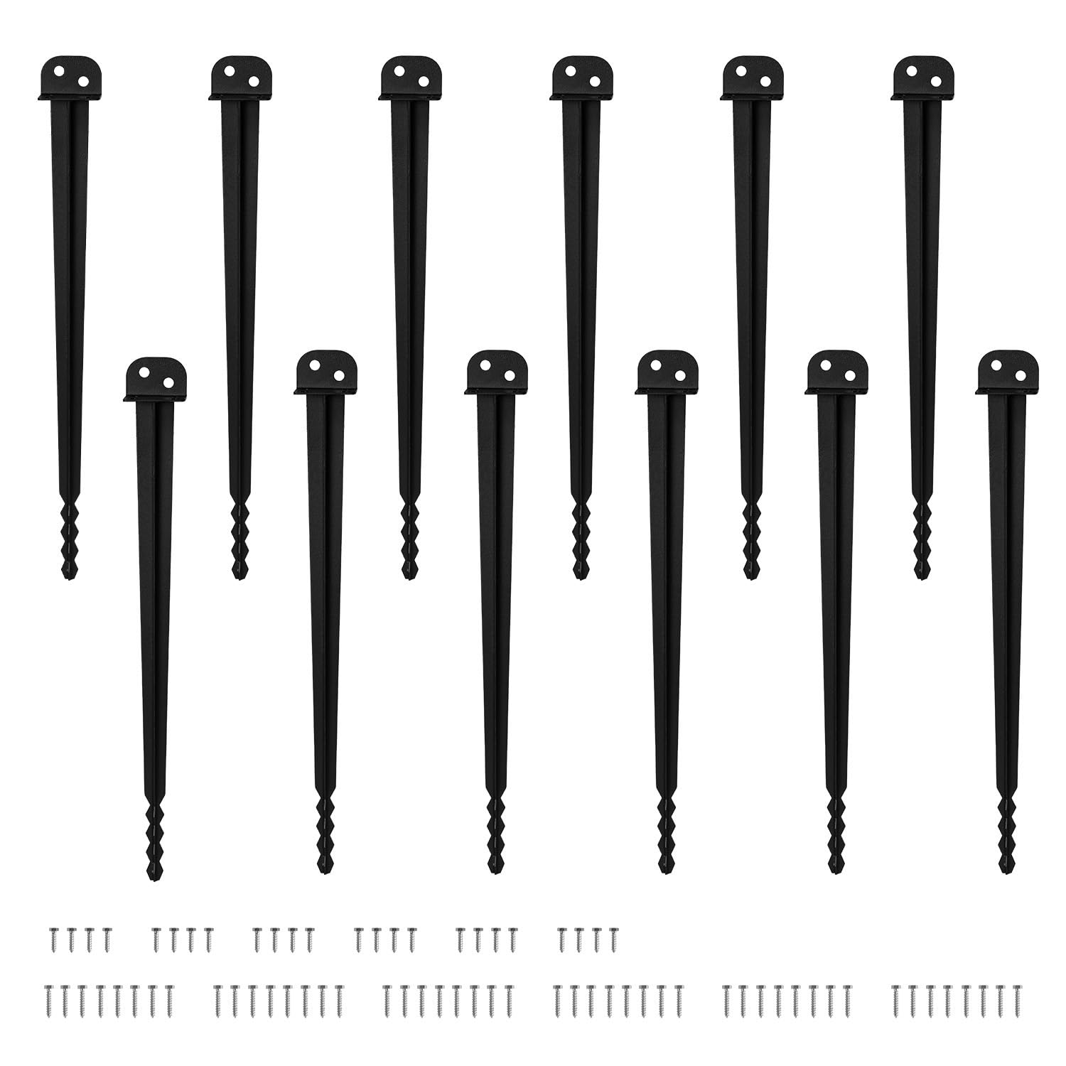 Juego de 12 casquillos de suelo en forma de L de 50 cm con extremo dentado, fácil de clavar, anclaje de tierra y soporte para postes de madera y metal, acero, para todas las estructuras de
