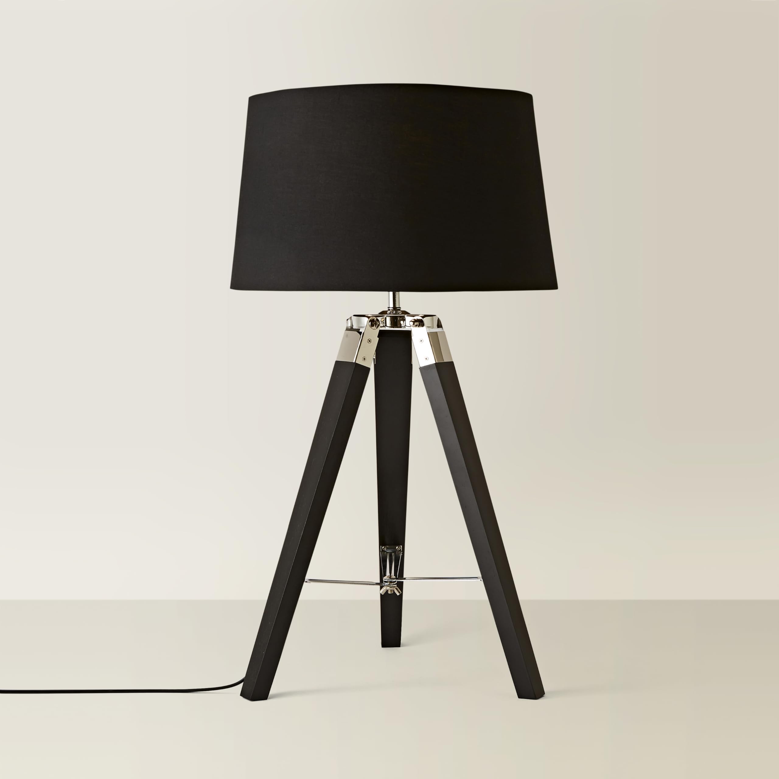 Minisun Black | Wood And Silver Chrome Tripod Table Lamp With A Light Shade | Home Décor, Bedside & Desk Lamp