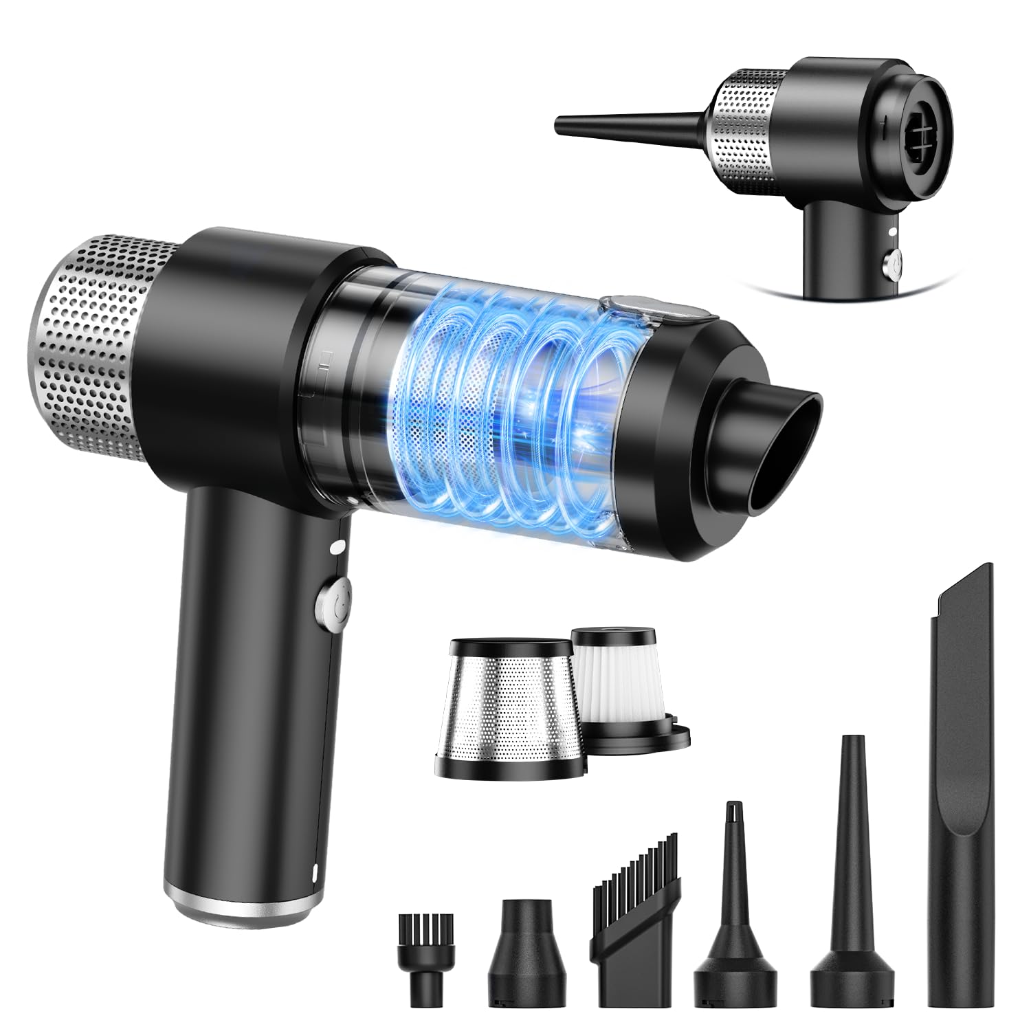 KMM Handheld Car Vacuum Cleaner, 16000PA Hand Held Vacuum Portable Cordless, 2 in 1 Air Duster and Vacuum Cleaner with LED Light, Multi-Nozzles, 120W High Power Mini Vacuum for Home, Pet, Office