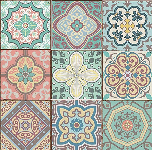 Pack of 9 Mixed Pastel blue pink Victorian Moroccan retro traditional tile transfers stickers bathroom kitchen stick on wall tile peel and stick 6x6