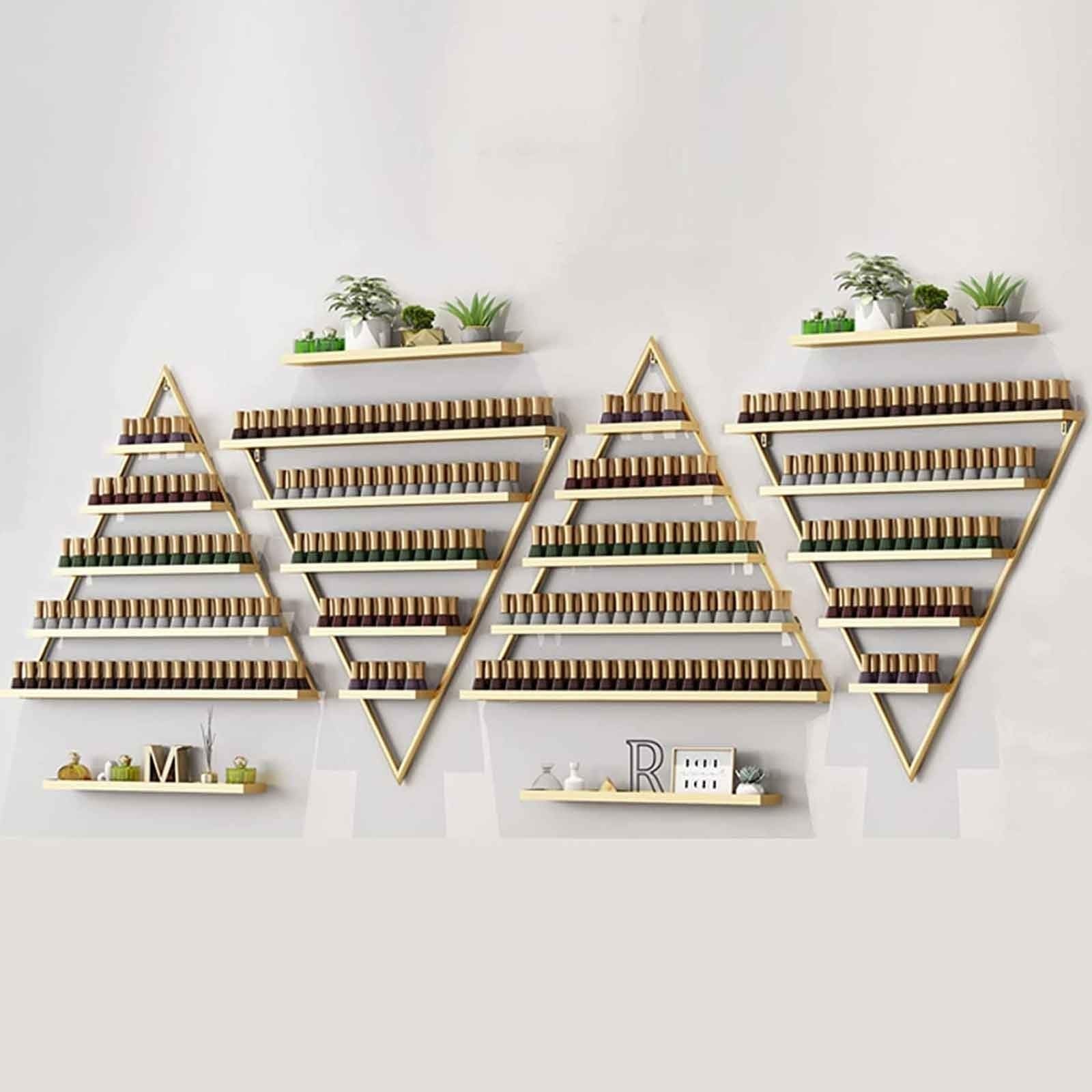 Scaffale Porta Smalti da Parete 6 Pezzi Metallo Espositore Triangolare Dorato 5 Livelli 90 Bottiglie per Smalto Profumo Rossetto Oli Essenziali(Color:Gold,Size:8-piece-set)