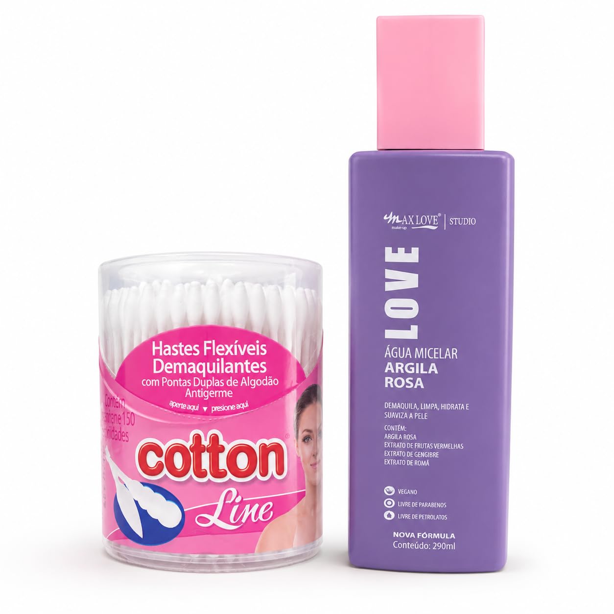 Cotton Line Hastes Flexíveis Demaquilantes, 150 Unidades + Max Love Água Micelar Argila