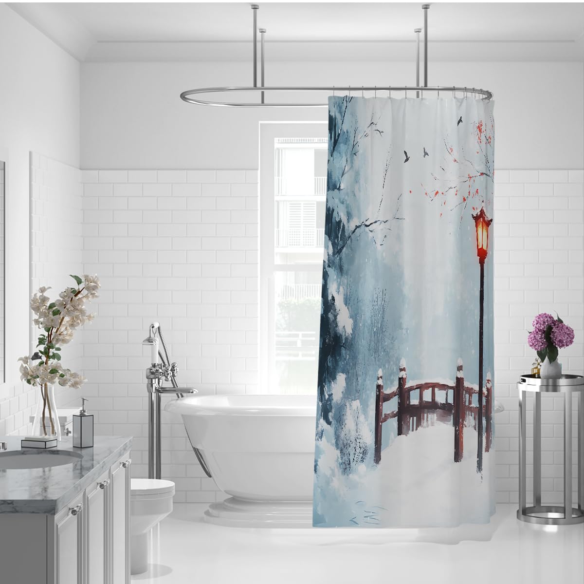 Zima śnieg zasłona prysznicowa drewniany most lampa uliczna szer. 182 x dł