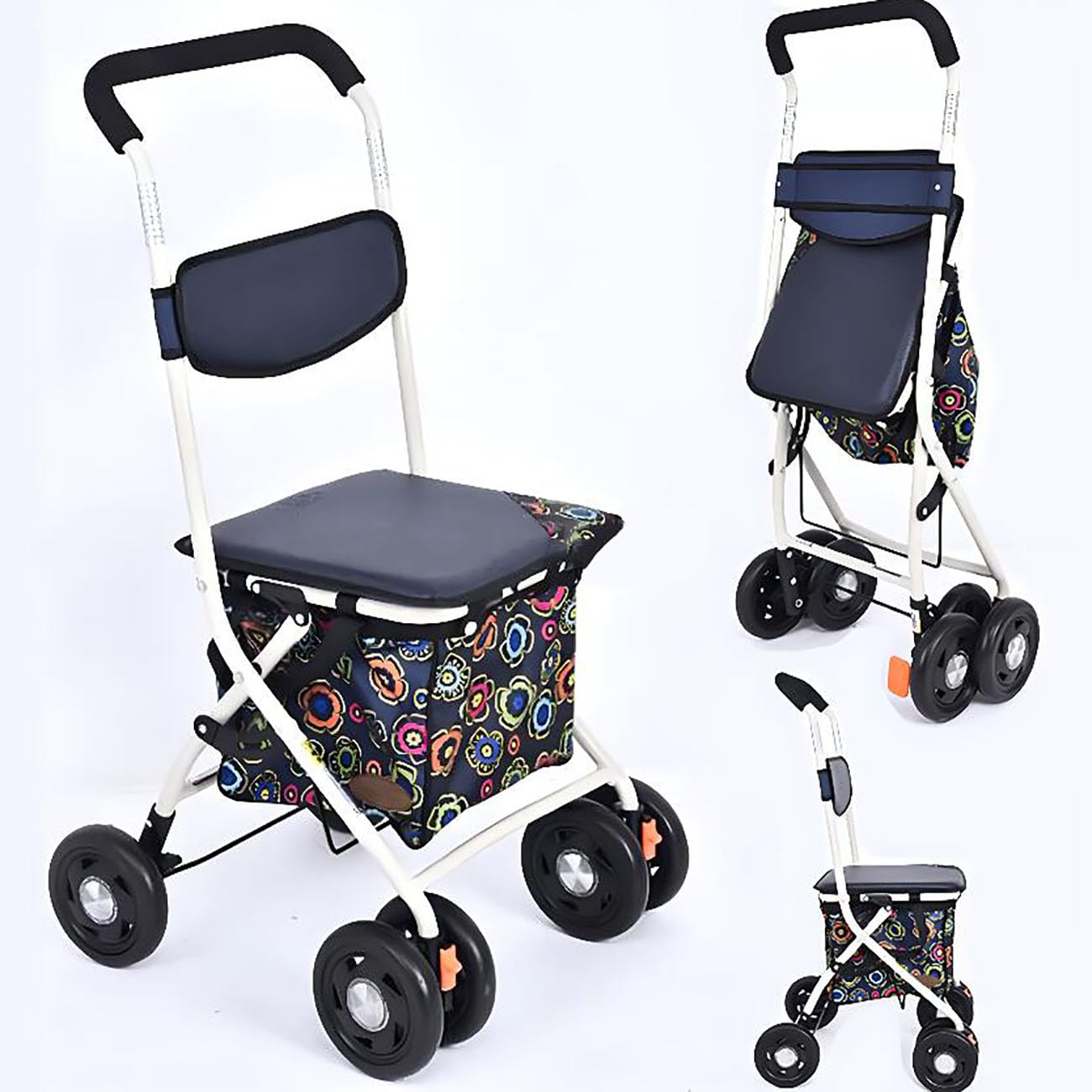 Carrello Pieghevole Portatile,Carrellino per Anziani Alluminio,Grande capacità,Deambulatore con Seduta Multifunzione,Supporta Fino A 90KG