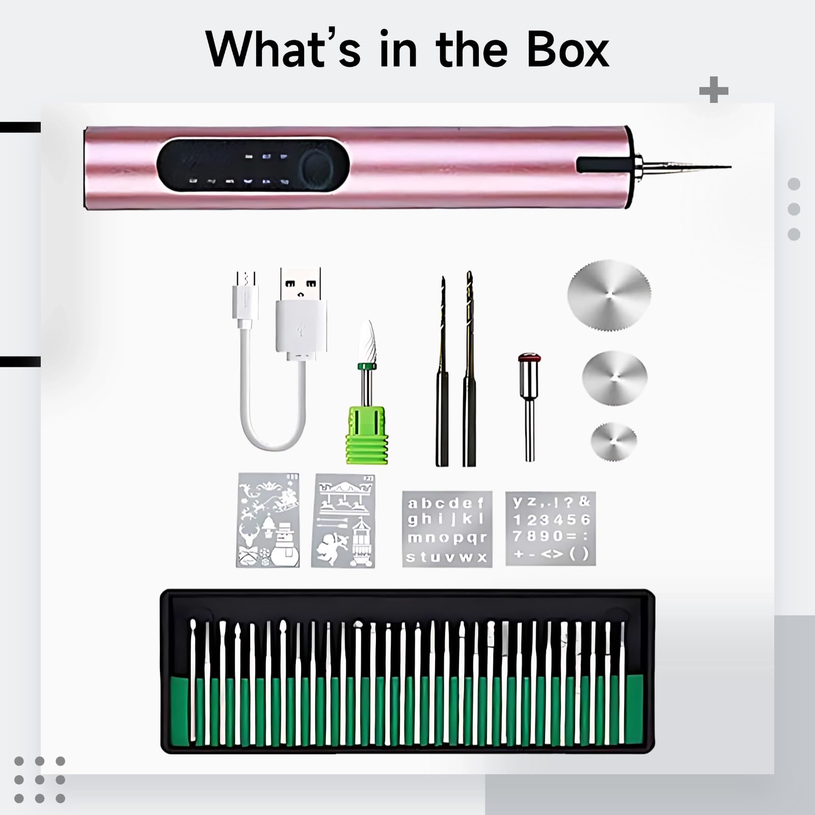 Penna per incisione ricaricabile, include 30 punte per incisione, 3 lame con modelli per incisione su metallo, legno, vetro e plastica, strumento portatile in oro rosa