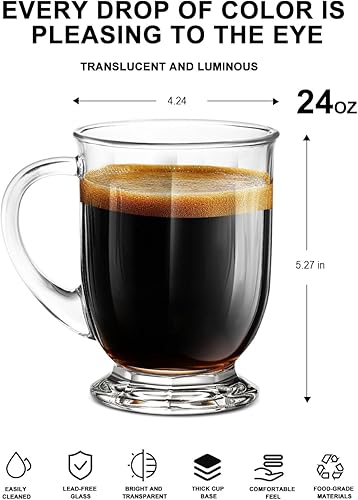 Miniatura 3 de LUXU Tazas de café de vidrio de 24 onzas (1 paquete), taza de café transparente grande, tazas de vidrio con asas para bebidas calientes y frías,