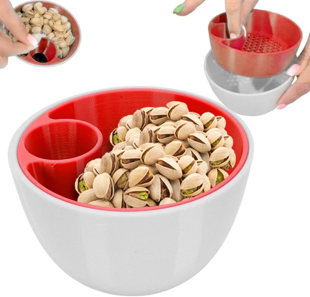 ABS Dual Compartment Pistachio Bowl Red Versatile Anti-slip Bottom Nut Snack Serving Bowl with Shell Storage for Home Kitchen