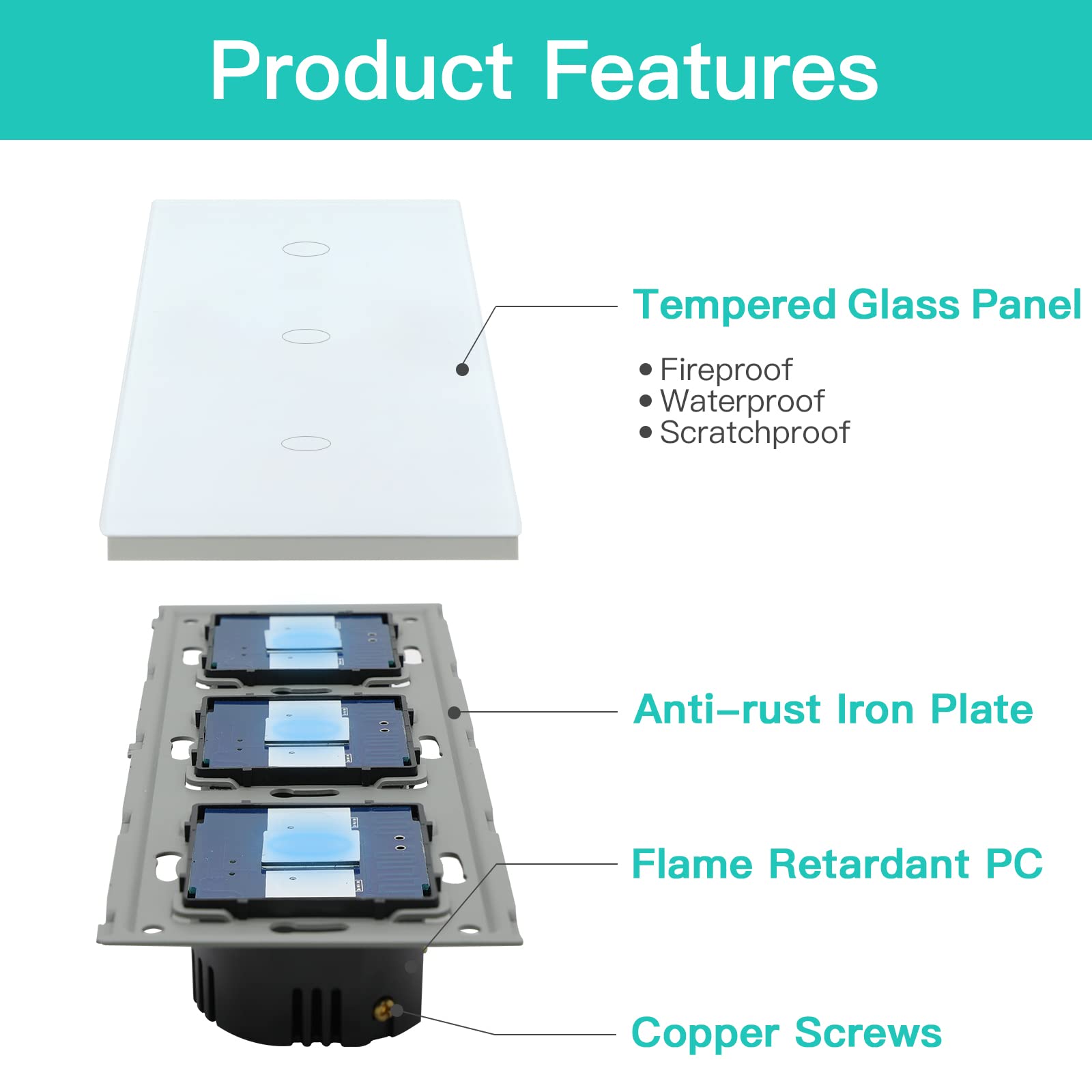 BSEED Touch Lichtschalter Dreifach 1 Fach 2 Wege Glas Lichtschalter Weiß Led Touch Schalter Touchscreen Funktioniert mit LED Lampe 228mm EU Standard