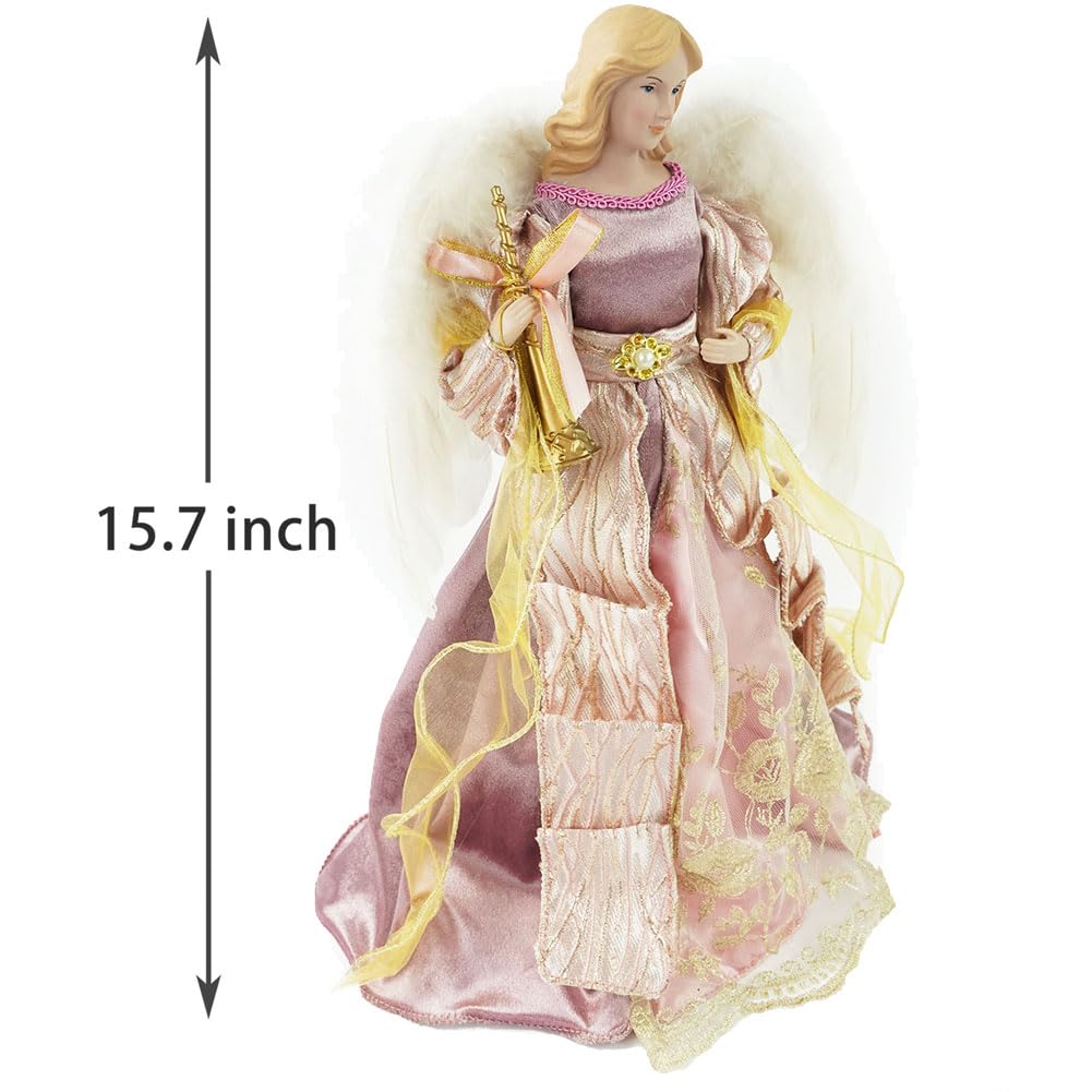 16 Inch Christmas Angel Tree Topper - Pink Angel With White Feather Wings For Trees Under 6ft