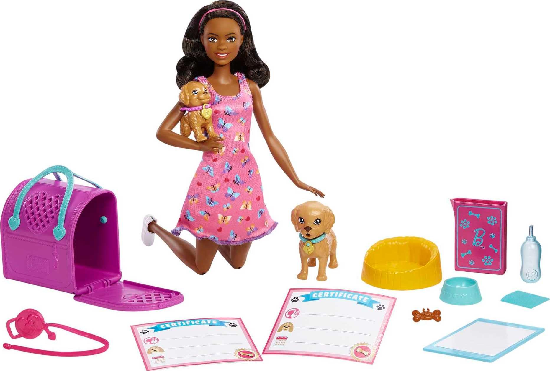 Barbie Doll and Accessories Pup Adoption Playset with Brunette Doll in Pink, 2 Puppies, Color-Change Animal and Pee Pad, Working Carrier and 10 Pieces, HKD87