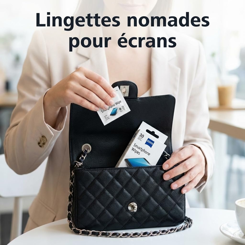 Zeiss - Lingettes Nettoyantes Antibactériennes pour Smartphones et Écrans - Boîte de 30 - Éliminent 99,9% des Bactéries - Microfibres sans Rayures - Sachets Individuels - Compatibles Tous Écrans