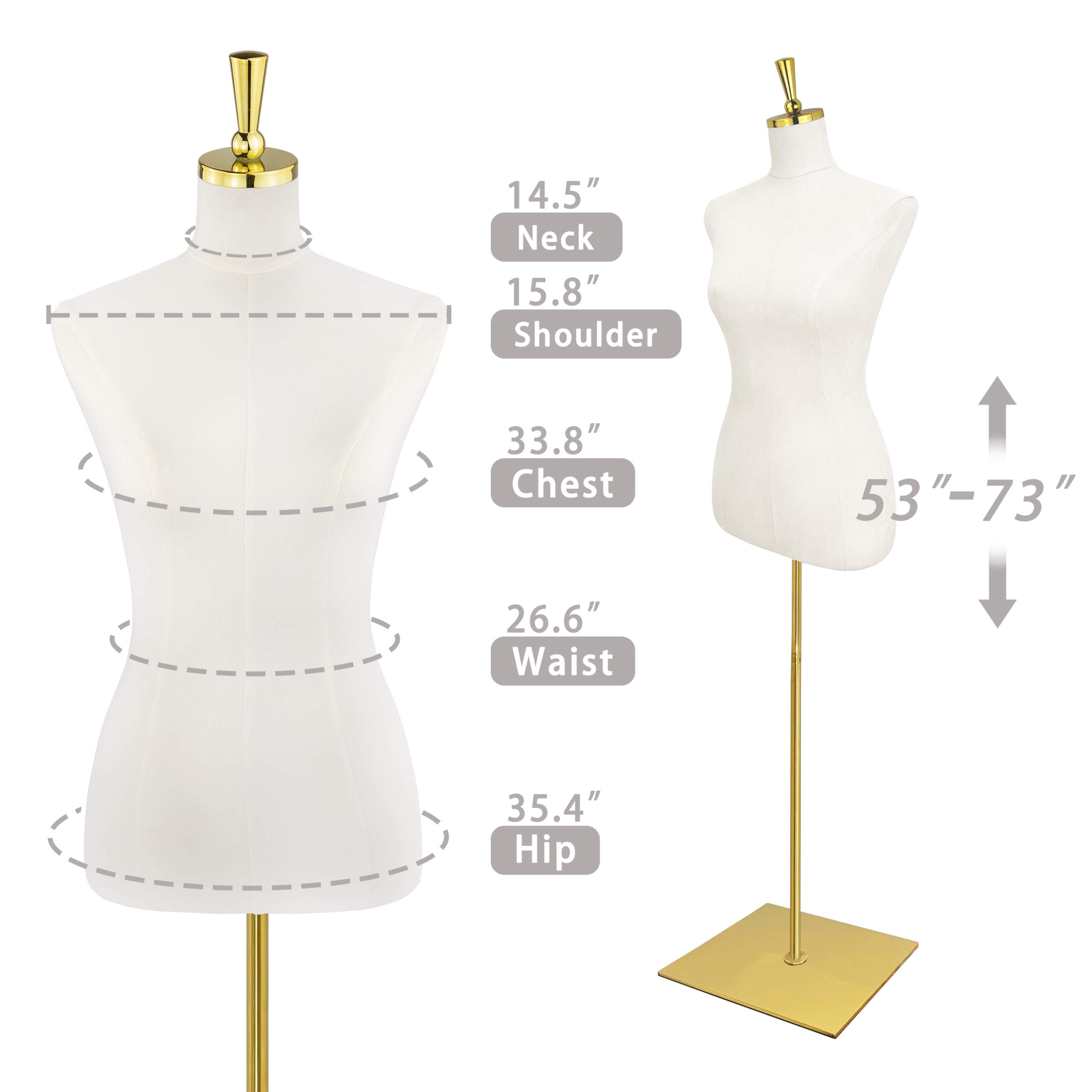 Mannequin Torso for Women, 53"-73" Height Adjustable Dress Form Sewing Mannequin with Golden Metal Stand, Beige