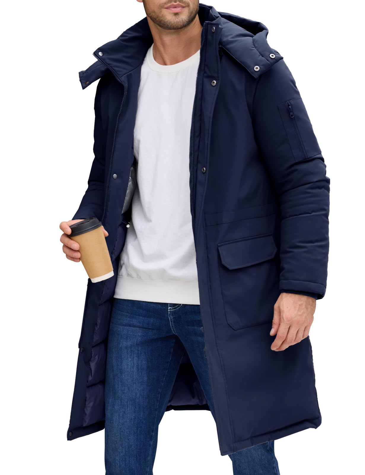 Mens Winter Long Puffer Jackets Water-Repellent Down Parka Warm Coats Outerwear with Detachable Hood Carry Straps