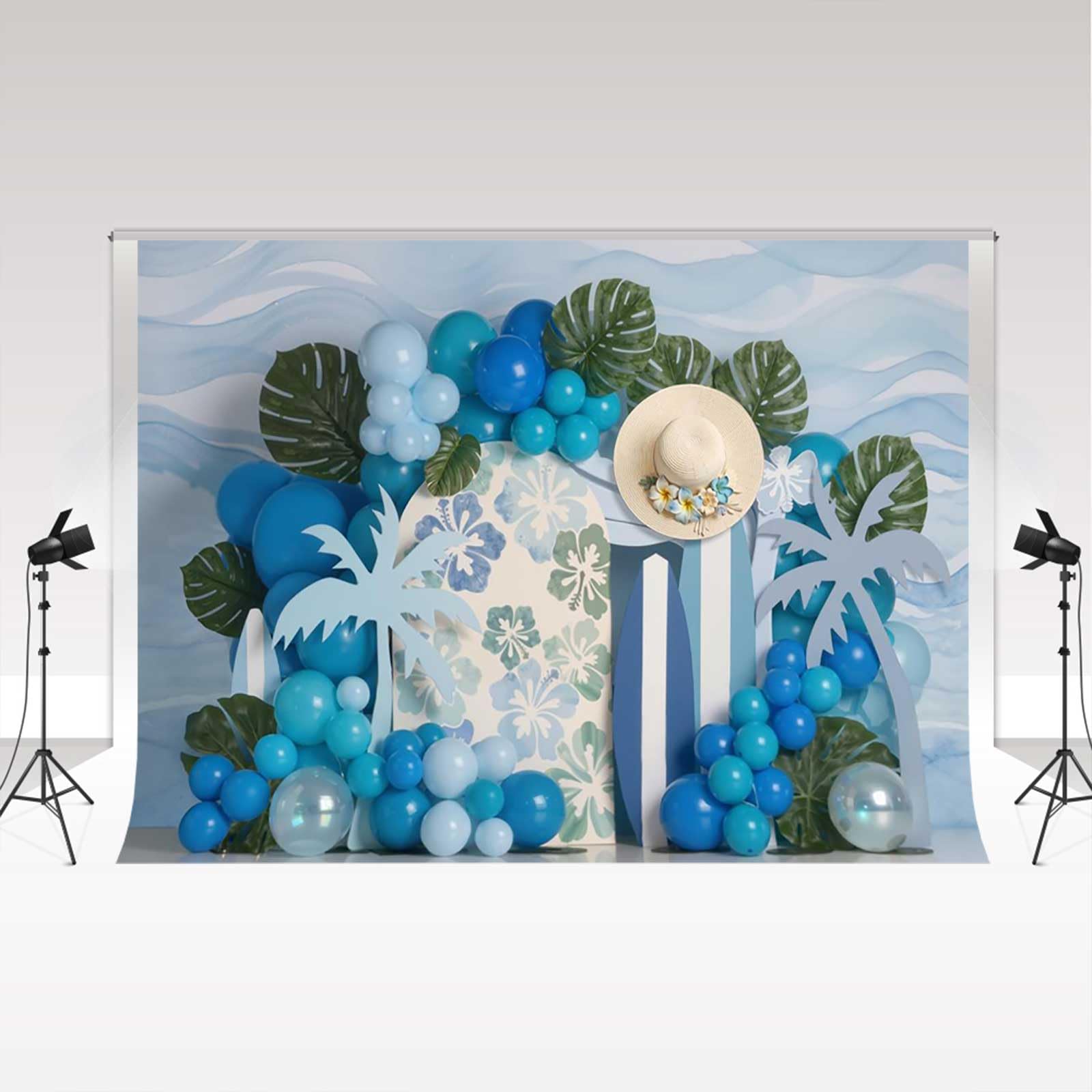 Kate Photography Hintergrund 2x2m/6.5x6.5Fuß Sommer Palmenblätter Blaue Luftballons Strohhut Kinder 1st Geburtstag Kuchen Smash Hintergründe Party Dekoration Requisiten Babyparty Fotostudio