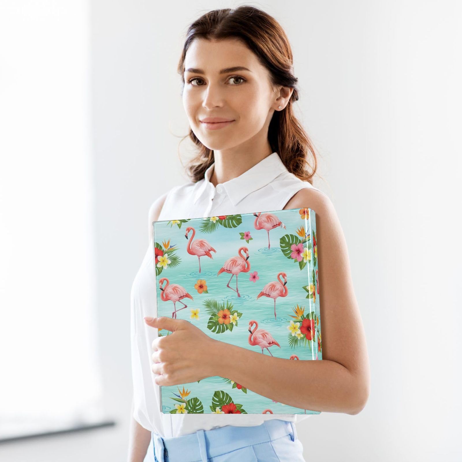 Raccoglitore ad anelli a D con 3 anelli, motivo fiori tropicali, fenicotteri rosa, verde, con portablocco grande, 3 raccoglitori per scuola, università, ufficio (confezione da 2)