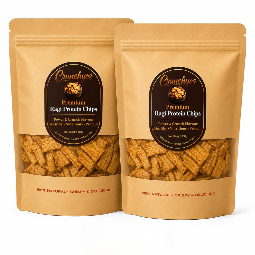 Crunchyos Ragi Protein Chips – Peri Peri Flavour | Pack of 2 (150g x 2) | 24g Protein | High Protein Millet Chips | Gluten Free, No Palm Oil, No Preservatives | 100% Natural Ingredients | Healthy Protein Snack for Gym & Weight Loss | Vegan-image-39
