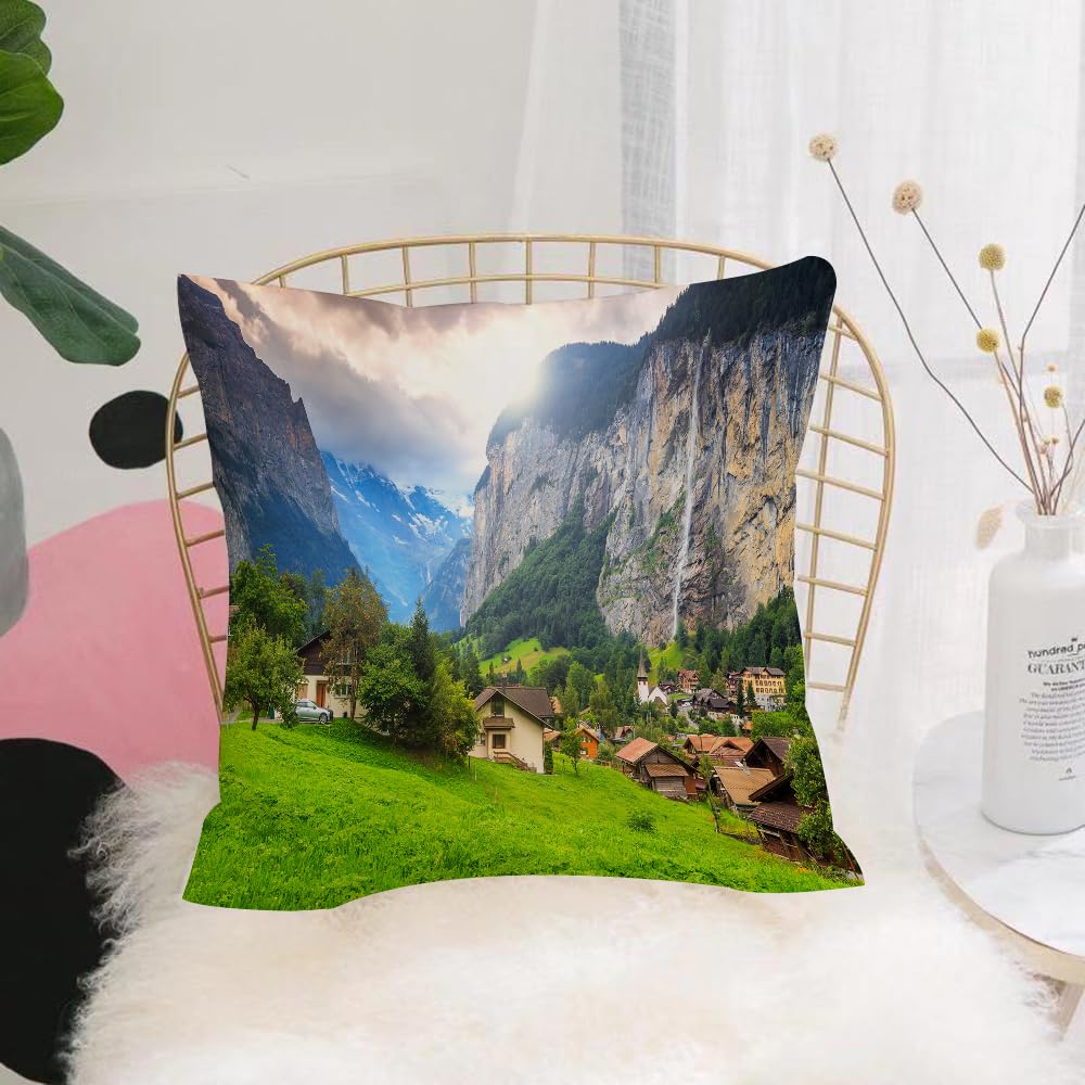 HYMSXW Cushion Cover,Throw Pillow Case Home Decorative for Living Room Bedroom Sofa Chair 20X20 Inch,Farm, town on the rocks on the waterfall background European peaks sunlight The,Pillowcase 50X50cm