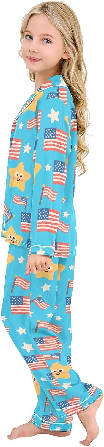 Kids Casual Satin Wear Set Cartoon Flag Stars Pattern Unisex Relaxed Fit Clothing