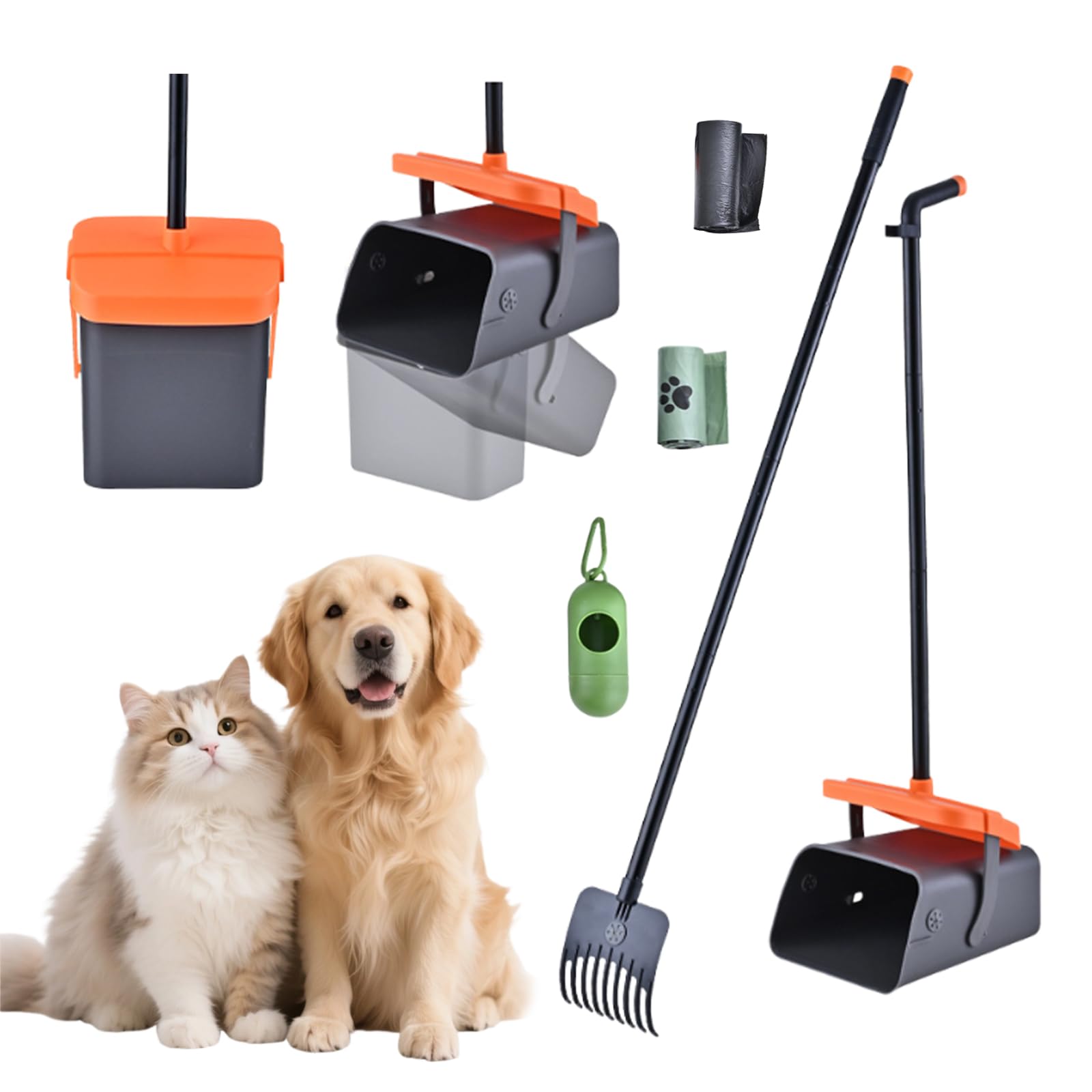 Dog Pooper Scooper Swivel Bin & Rake Kit,46" Long Handle Adjustable Pet Waste Picker with 35 Waste Bags,Large Capacity Poop Scoop for Yard,Grass,Dirt or Gravel,Grey Orange