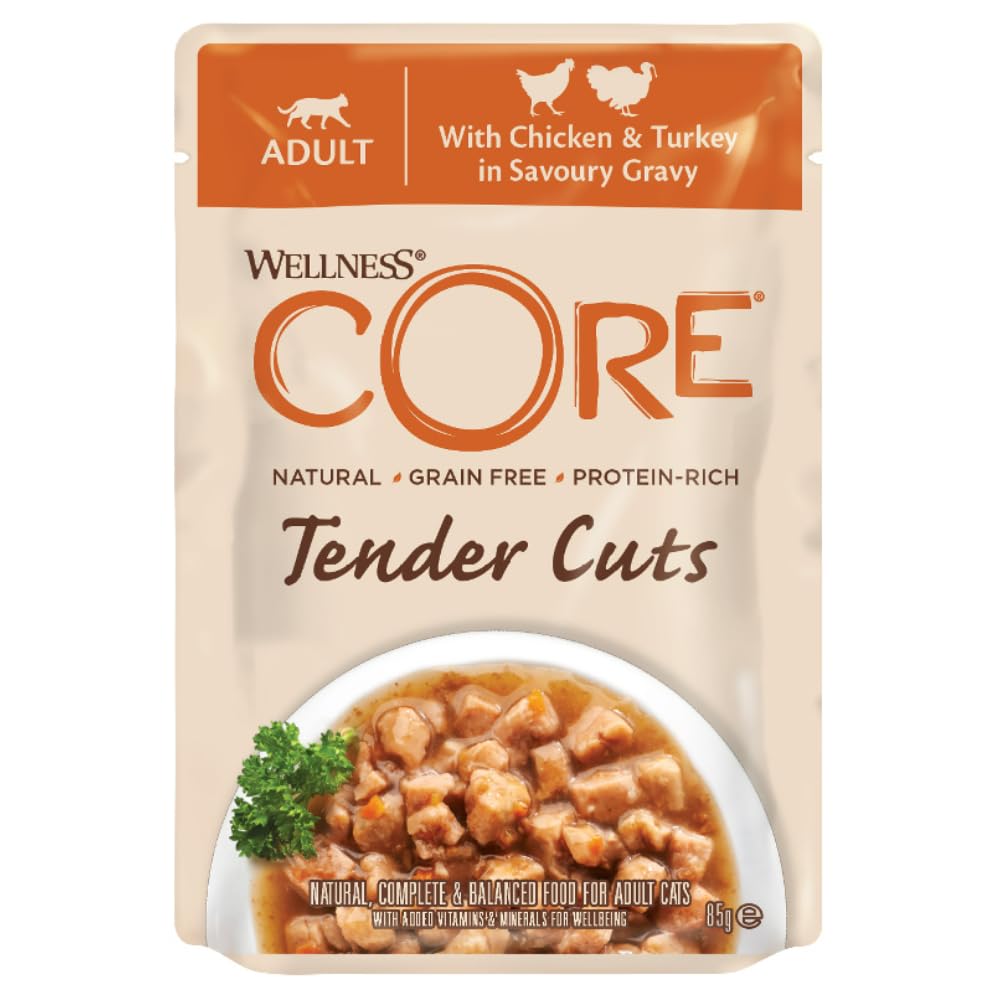 Wellness CORE Tender Cuts 6 x 85g, Multipack Poulet/Dinde/Canard – Tendre Morceaux pour Chats Adultes, sans Céréales, Naturelles, Hypoallergénique, Riche en protéines, À Haute Teneur en Viande,