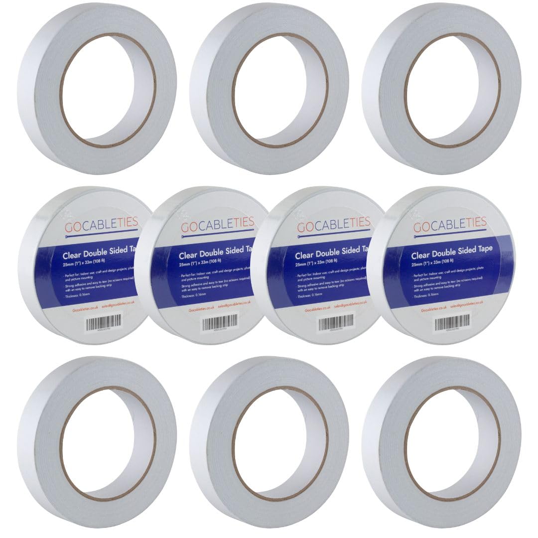Gocableties Clear Double Sided Tape, 25mm (1”) x 33m, Strong Thin Double Sided Sticky Tape for Craft, Scrapbooking and Mounting Photos, 10 Rolls