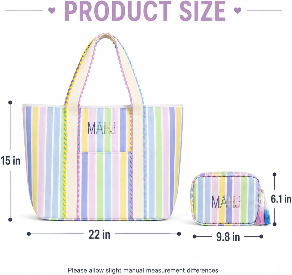 American Mahjong Tote Bag with MAHJ Embroidery, 2-Piece Candy Stripe Carrying Case with Large Tile Bag & Zipper Pouch, Mah Jongg Accessories Organizer for Tiles, Racks & Pushers image 3
