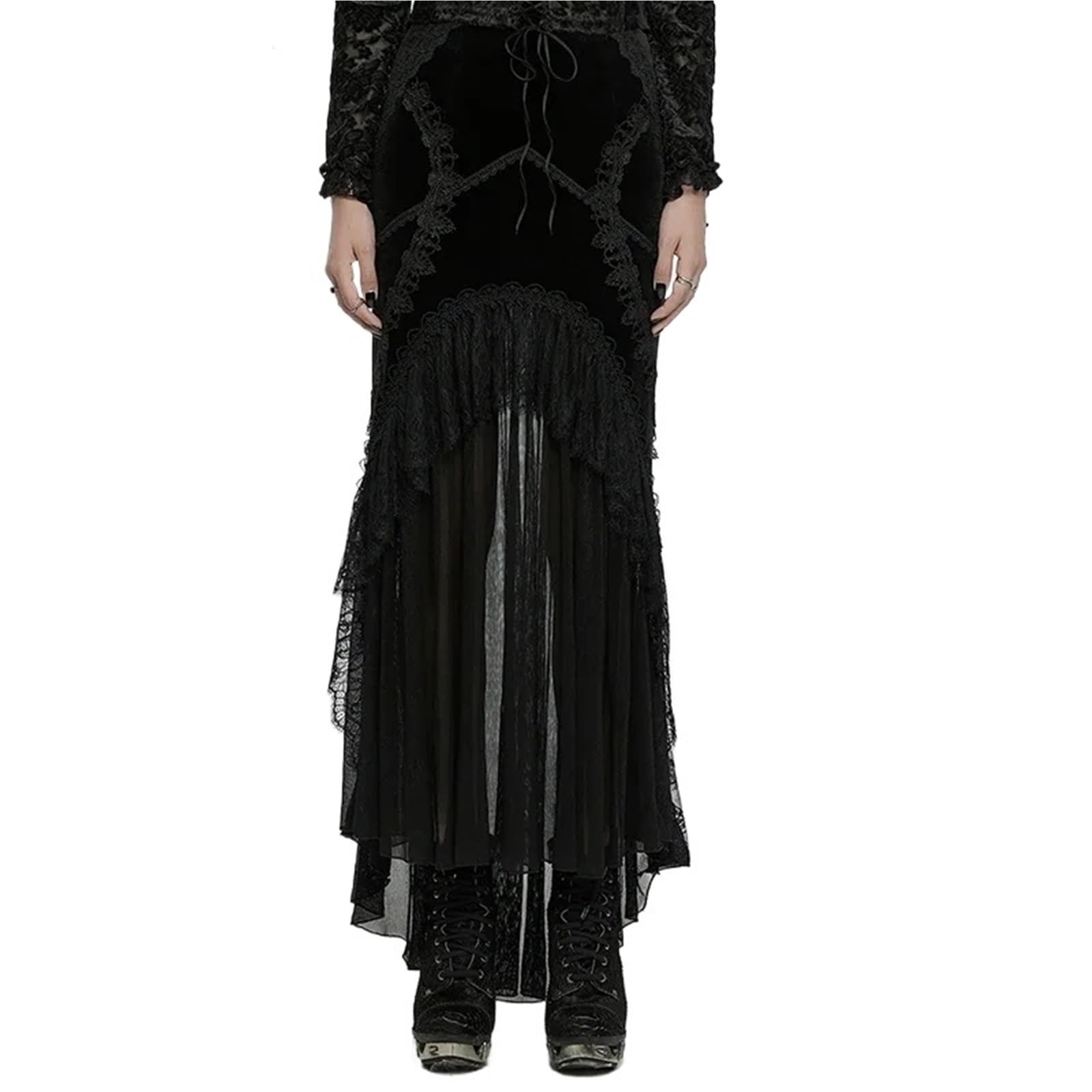 Falda Gótica Falda de Cola de pez Elegante de Gasa Plisada de Terciopelo gótico for Mujer, Faldas largas oscuras de Encaje for Mujer