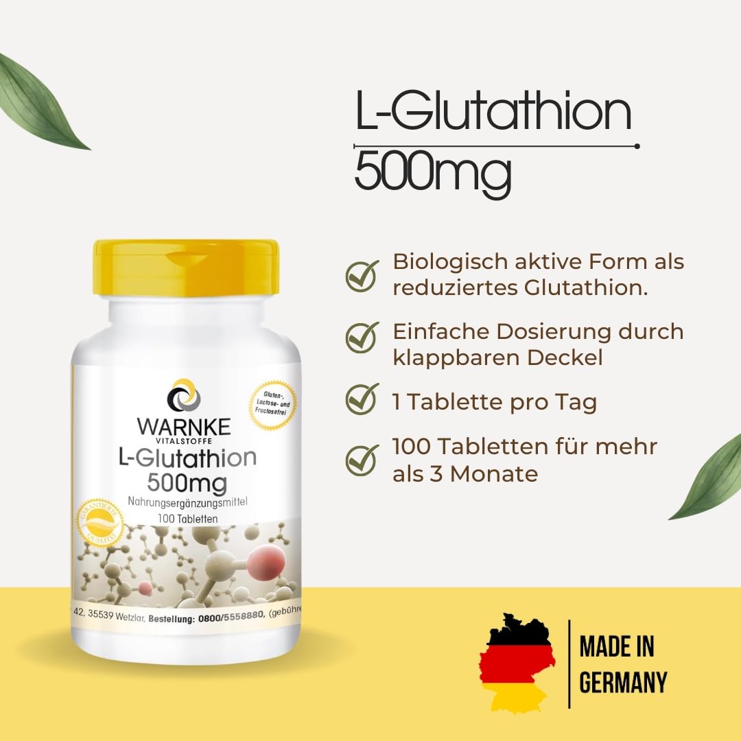 L-Glutathion 500mg - 100 Tabletten - Reduziert, hochdosiert & vegan | Warnke  Vitalstoffe