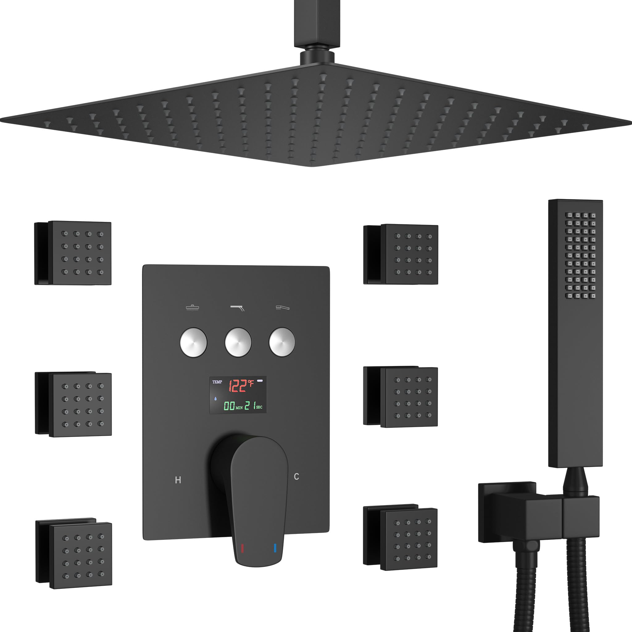 WHSHOWER Matte Black Shower System with Body Jet 12 Inch Ceiling